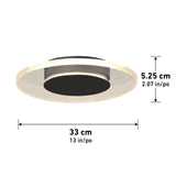 A circular recessed ceiling light fixture with a transparent outer ring and a black center, measuring 33 cm (13 in) in diameter and 5.25 cm (2.07 in) in height.