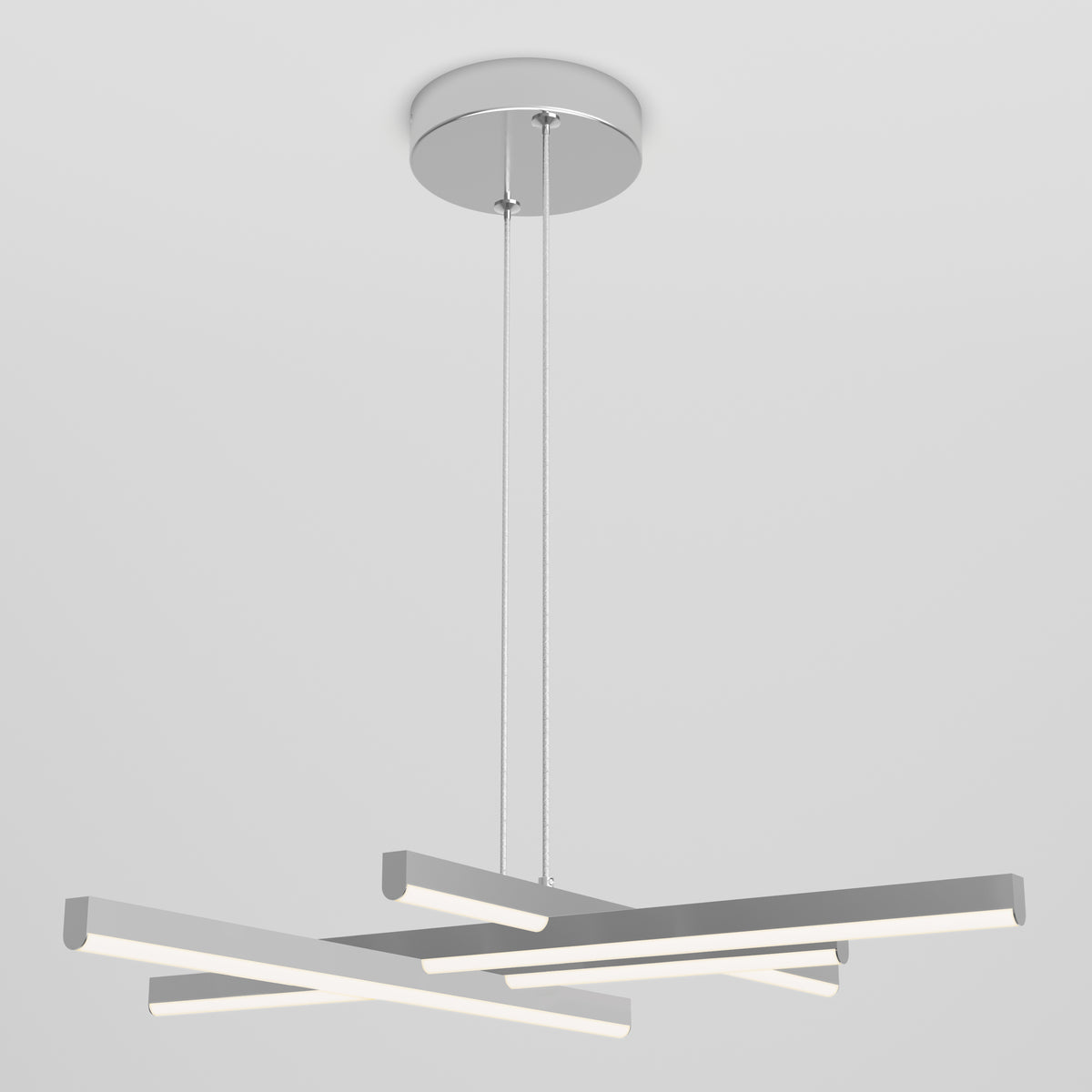 A modern ceiling light fixture with three intersecting horizontal LED bars, suspended by two cables from a round, metallic ceiling mount against a plain light background.