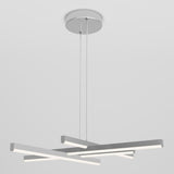 A modern ceiling light fixture with three intersecting horizontal LED bars, suspended by two cables from a round, metallic ceiling mount against a plain light background.