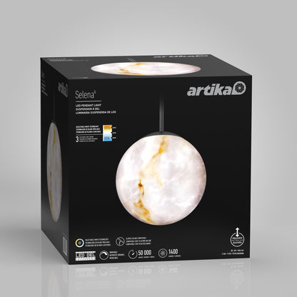 A black Artika box for the Selena LED contemporary pendant light 3 CCT, showing a white and gold marble-like sphere fixture, along with product features and branding on the front.