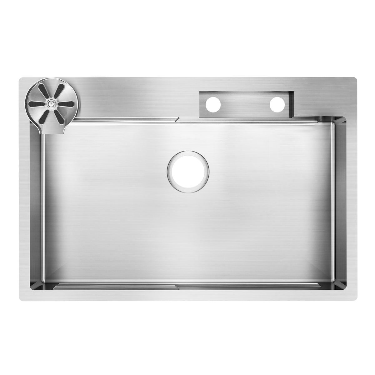 Top-down view of the Artika Neoflow single bowl 31 in. stainless steel workstation sink featuring two faucet holes, a round drain opening, and a circular strainer—ideal for pairing with a pull-down faucet for added convenience.