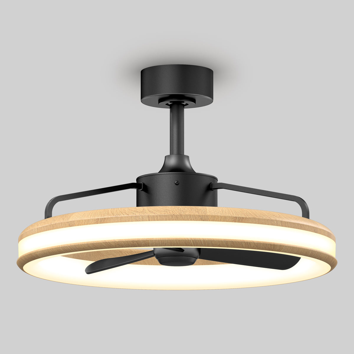 A modern ceiling fan with a circular wooden frame, integrated LED light ring, and a black metal fixture, mounted on a gray ceiling. The fan has three black blades enclosed within the light ring.