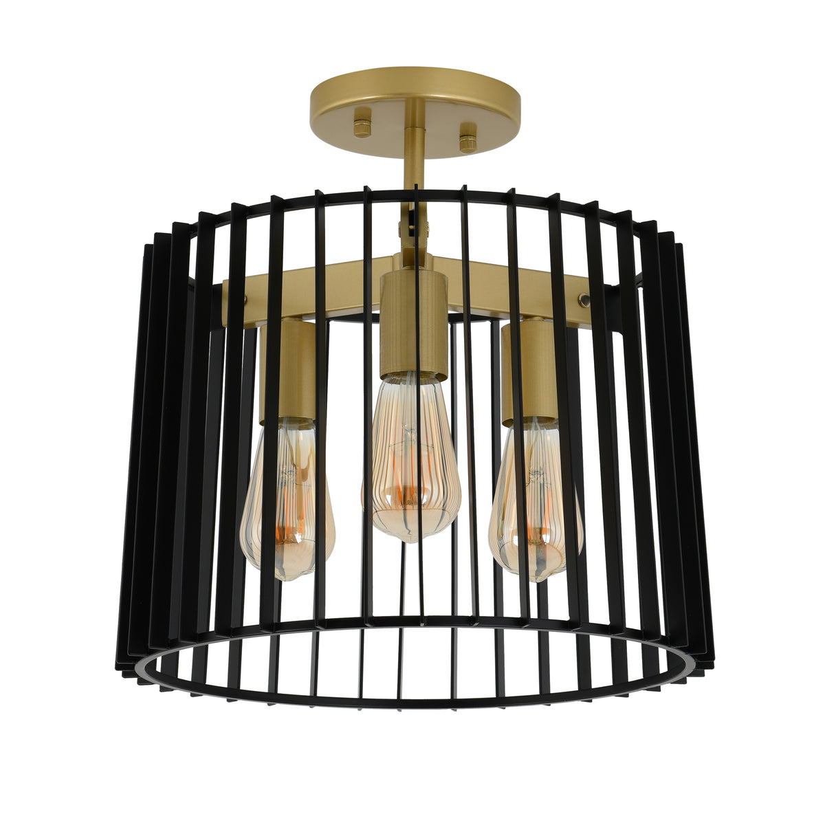 A modern ceiling light fixture with a round black metal cage, gold interior frame, and three exposed vintage-style Edison bulbs.