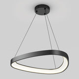 A modern, black, oval-shaped pendant light fixture hangs from the ceiling by three thin cables, emitting a soft white glow. The fixture has a sleek and minimalistic design against a light gray background.