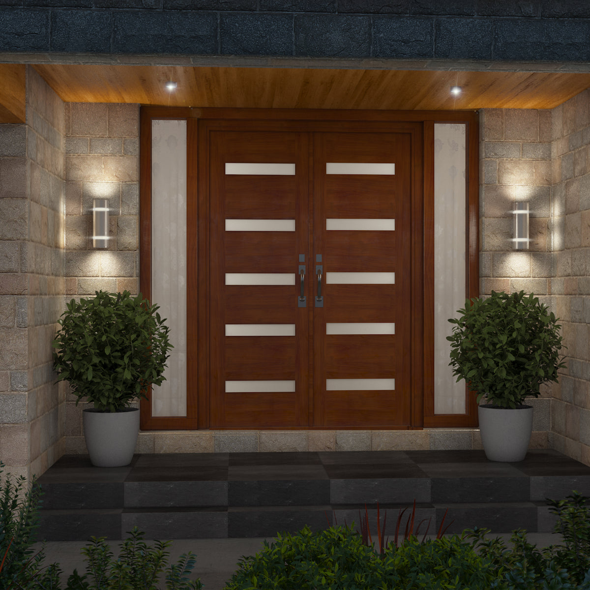 A modern wooden double front door with horizontal frosted glass panels, flanked by two potted green shrubs and illuminated by two wall-mounted lights on a stone porch.