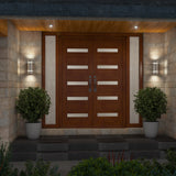 A modern wooden double front door with horizontal frosted glass panels, flanked by two potted green shrubs and illuminated by two wall-mounted lights on a stone porch.
