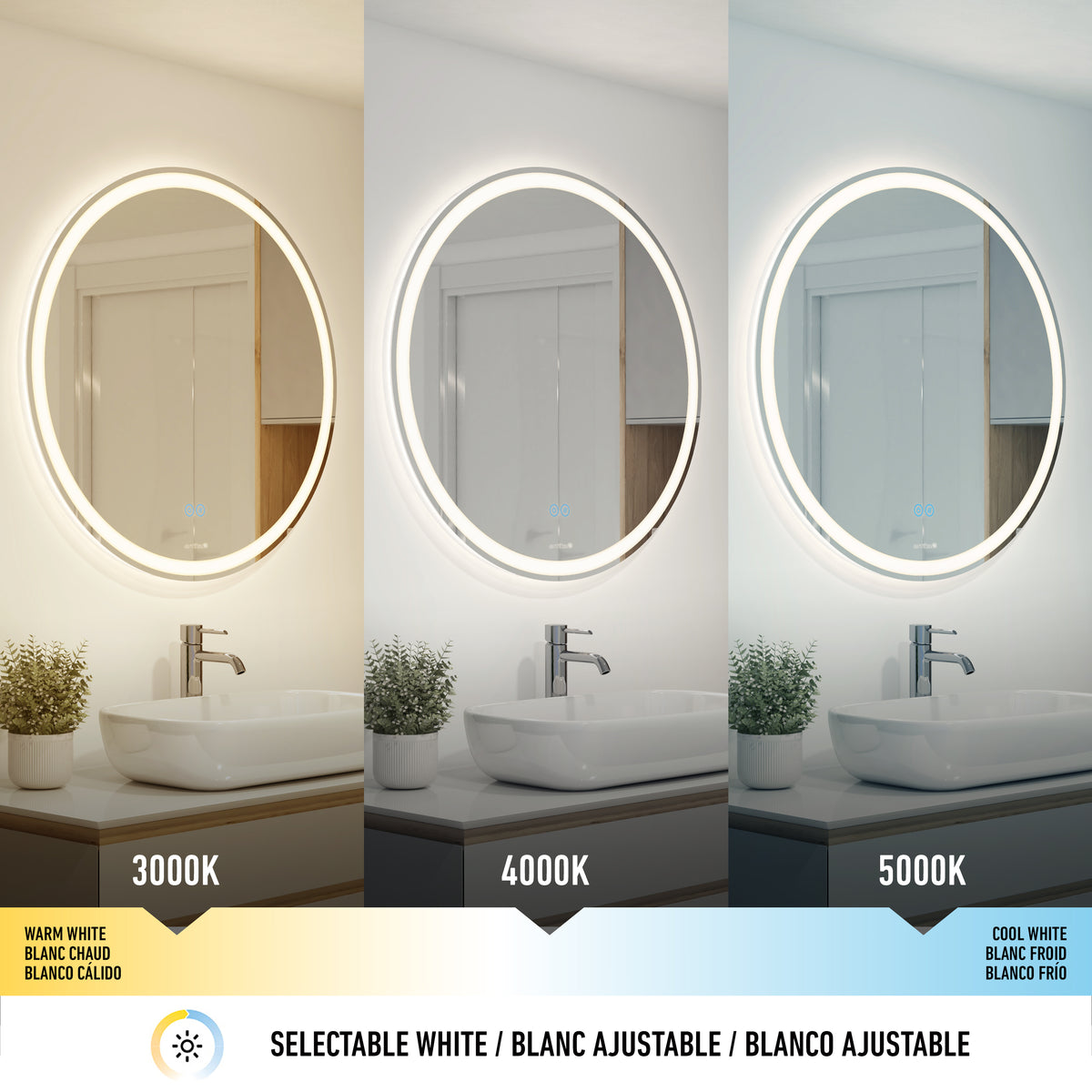 The Artika Ayla 28 in. LED mirror with defogger features adjustable lighting in warm white (3000K), neutral white (4000K), and cool white (5000K), shown above a modern sink and faucet.