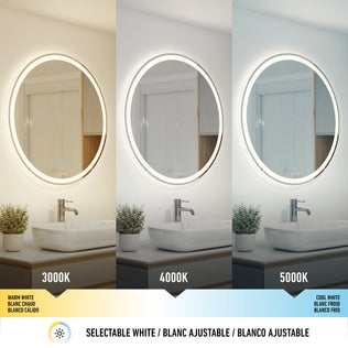 The Artika Ayla 28 in. LED mirror with defogger features adjustable lighting in warm white (3000K), neutral white (4000K), and cool white (5000K), shown above a modern sink and faucet.