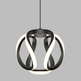 A modern pendant light with curved, intertwined black bands and integrated white LED strips, hanging from a black cord against a plain gray background.