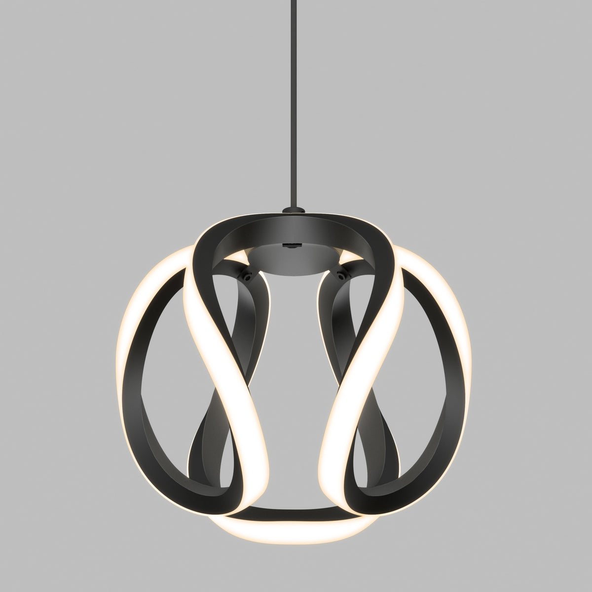 The Artika Vivaldi LED pendant light 3 CCT features intertwined black and white LED loops, suspended from a black cord against a plain gray background.
