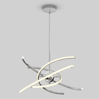 The Artika Silvio LED pendant light 3 CCT features two intersecting curved LED bars and chrome arms, suspended from a round chrome ceiling mount, shown against a plain light gray background.