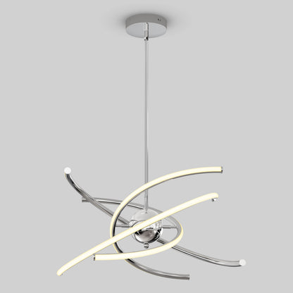 The Artika Silvio LED pendant light 3 CCT features two intersecting curved LED bars and chrome arms, suspended from a round chrome ceiling mount, shown against a plain light gray background.