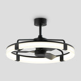 A modern black ceiling fan with three blades, encircled by a glowing LED light ring, mounted on a short rod against a plain light gray background.