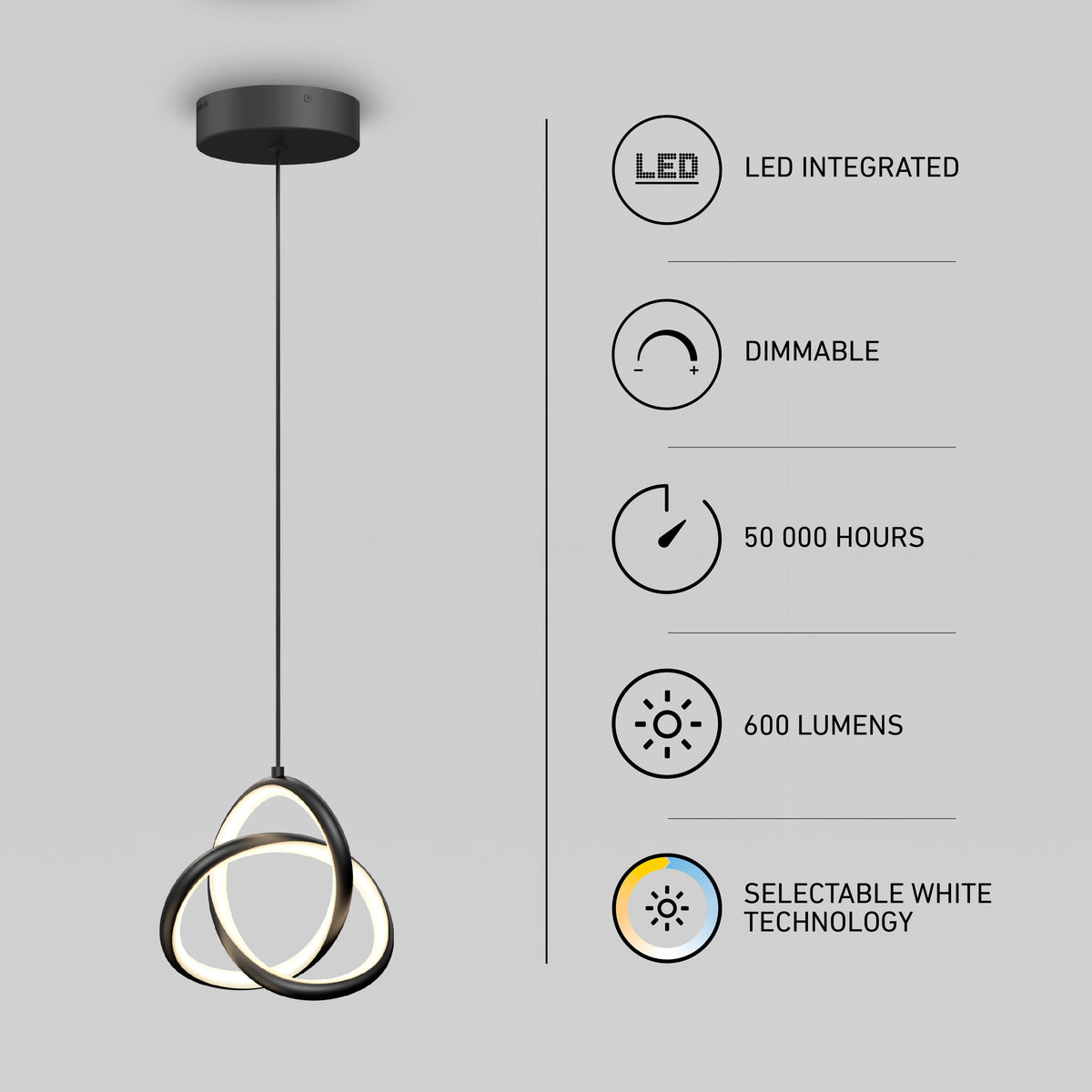 Modern pendant LED light with three interlocking rings hangs from the ceiling. Features listed: LED integrated, dimmable, 50,000 hours lifespan, 600 lumens, and selectable white technology.