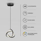 Modern pendant LED light with three interlocking rings hangs from the ceiling. Features listed: LED integrated, dimmable, 50,000 hours lifespan, 600 lumens, and selectable white technology.