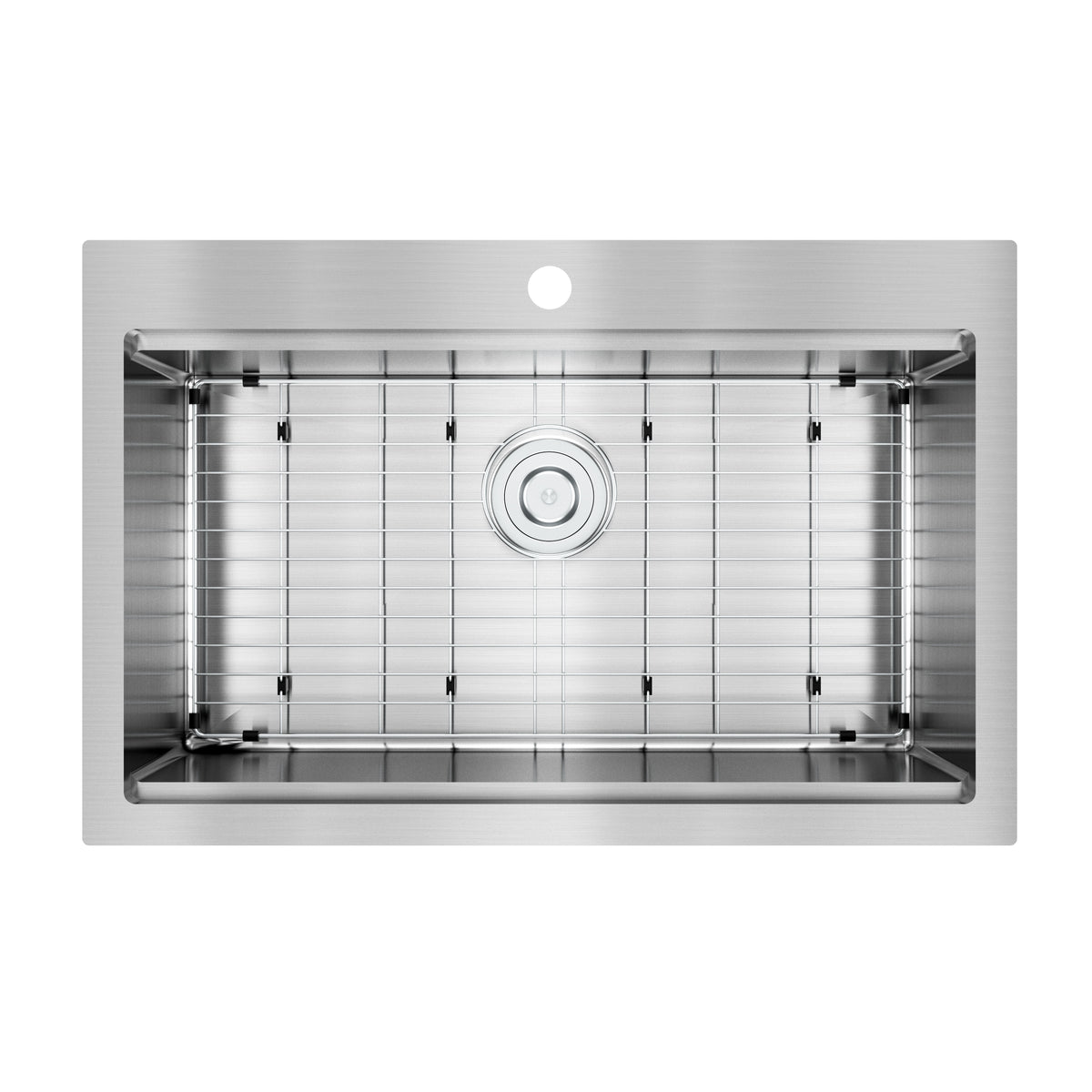 Rectangular stainless steel kitchen sink with a central drain, metal grid at the bottom, and a faucet hole at the back, viewed from above.