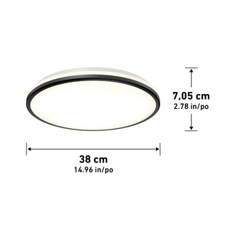 Artika Macy 15 in. LED modern flush mount light, RGB Wifi, black trim, Alexa compatible; shown with dimension arrows.