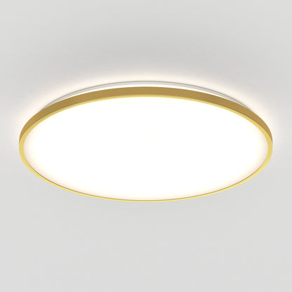The Artika Europa 21 in. LED modern flush mount light features a bright white center, gold trim, and comes with a remote, shown mounted on a plain white ceiling.