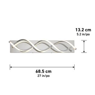 Artika DNA modern LED bathroom vanity light, 68.5 cm wide x 13.2 cm tall, features a wavy design with labeled measurements shown.