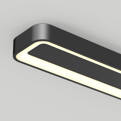 The Artika Aiden 48 in. LED modern flush mount light 5 CCT features a minimalist rectangular design with rounded corners, a black frame, glowing white inner border, and is shown mounted on a plain white ceiling.