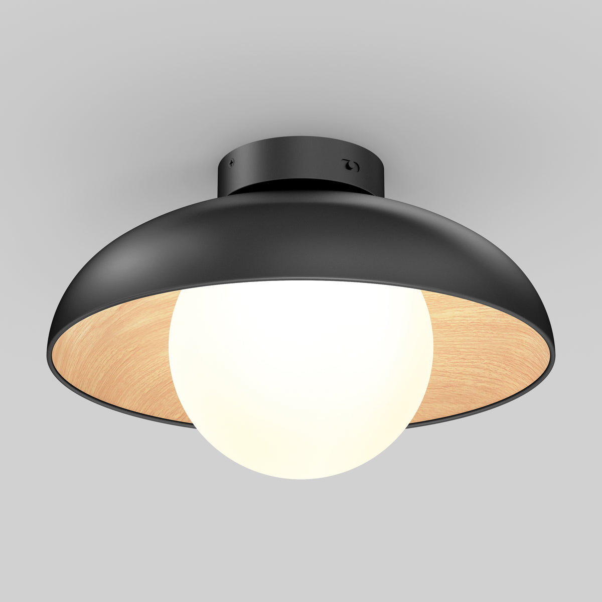 A modern ceiling light fixture with a black, dome-shaped shade and a light wood interior, featuring a large white globe bulb at the center, mounted on a white ceiling.