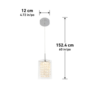 The Artika Crystal Cube 1-light LED pendant light features a round chrome ceiling mount and crystal-covered rectangular shade, measuring 12 cm wide and hanging down 152.4 cm.