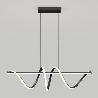 The Artika Coda modern LED pendant light 5 CCT features a wavy, ribbon-like LED design in black, suspended by two thin black cords against a plain light gray background.