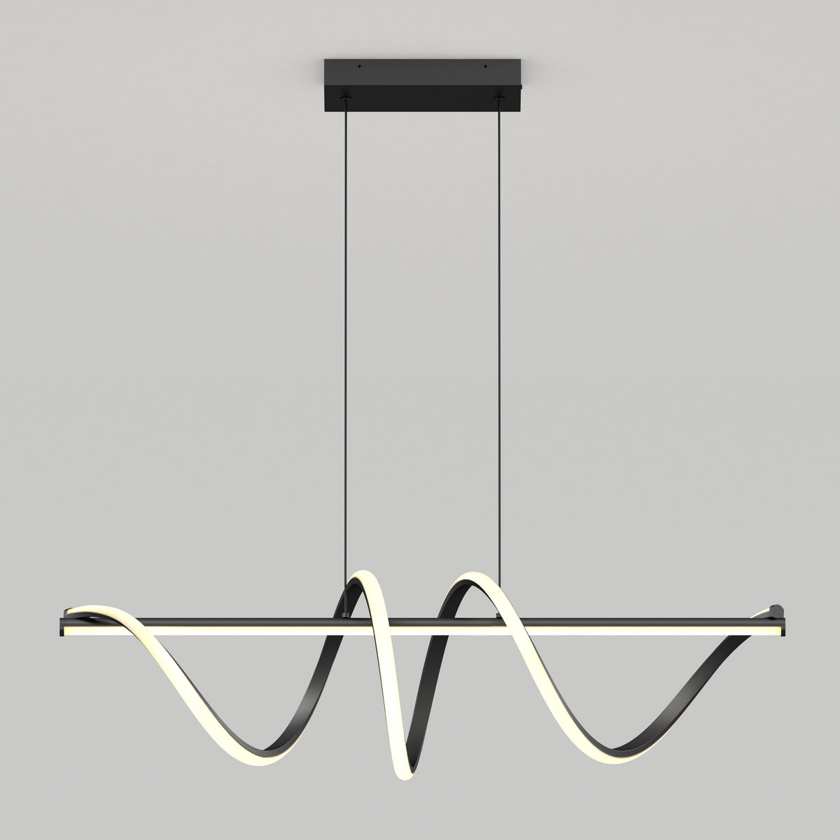 A modern pendant light fixture with a black rectangular base, two suspension wires, and a wavy black and white LED design hanging horizontally against a plain light gray background.