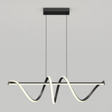 A modern pendant light fixture with a black rectangular base, two suspension wires, and a wavy black and white LED design hanging horizontally against a plain light gray background.