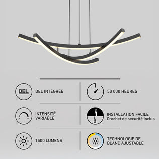 Artika Orly modern LED pendant light 5 CCT with a curved design, integrated LED, 1500 lumens, dimmability, and 50,000-hour lifespan.