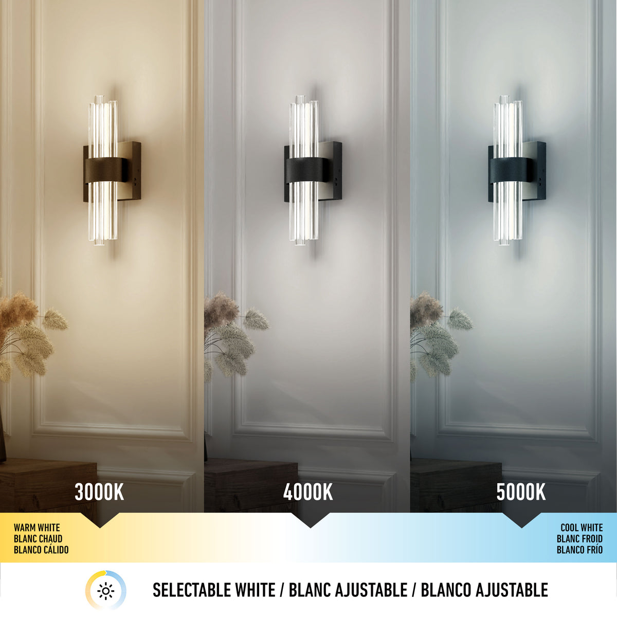 Artika’s Dorado Contemporary LED Wall Sconce offers selectable white options with adjustable colour temperatures—3000K warm, 4000K neutral, and 5000K cool—for versatile luxury lighting. Icons show the 3 CCT settings.