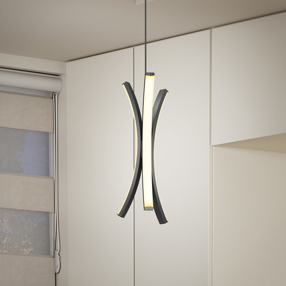 The Artika Corben Pendant LED light 5CCT Black features two curved, illuminated arms and hangs in a minimalist room with white cabinets and a beige window shade.