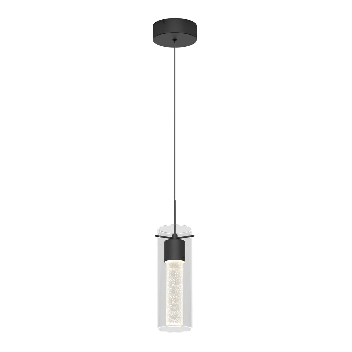 A modern pendant light with a black ceiling mount, a thin black cord, and a cylindrical glass shade surrounding a textured, illuminated inner tube.