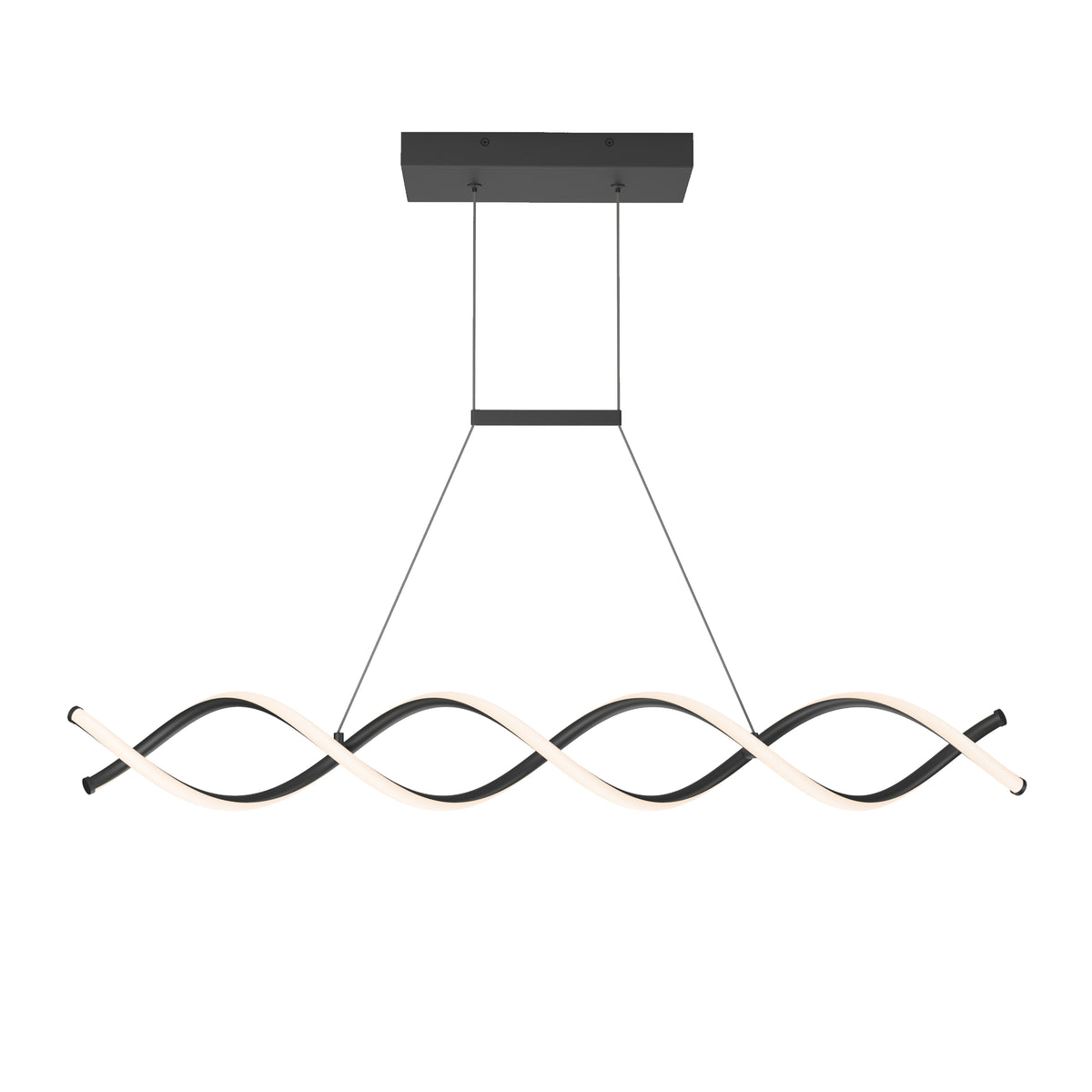 A modern, ceiling-mounted LED pendant light with two intertwined, wavy light strips suspended by thin cables from a rectangular black base.