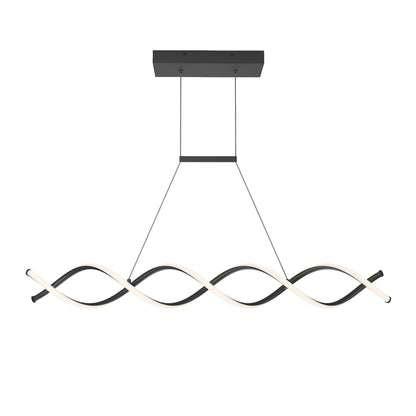 The Artika DNA Linear LED modern pendant light features a black rectangular ceiling mount and two wavy, intertwined LED bars, suspended by slim black wires against a white background.