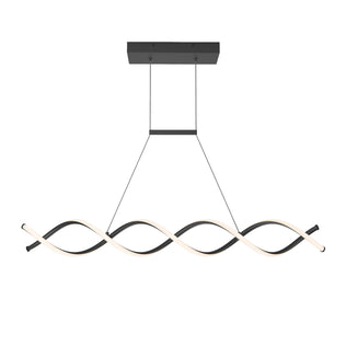 The Artika DNA Linear LED modern pendant light features a rectangular ceiling mount and two thin cables suspending a wavy, double helix-inspired LED design in sleek black.