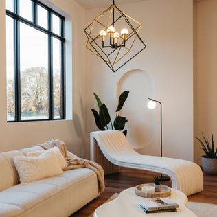 A modern living room with a white curved lounge chair, beige sofa with plush pillows, large windows, geometric chandelier, Clayton dimmable LED modern mid-century floor lamp by Artika, green plants, and a white coffee table on wooden floor.