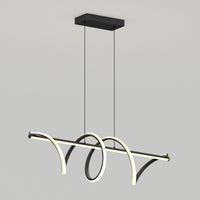 The Artika Coda modern LED pendant light 5 CCT features a black rectangular ceiling mount, two suspension wires, and a sculptural curved light bar design, adding artistic flair to any room.