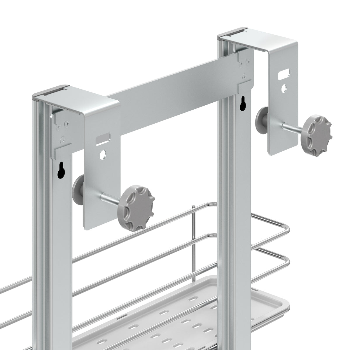 Close-up of the Artika Camden Shower Caddy's metal frame with two adjustable knobs and brackets for mounting, featuring a bottom wire shelf. Set against a plain white background.