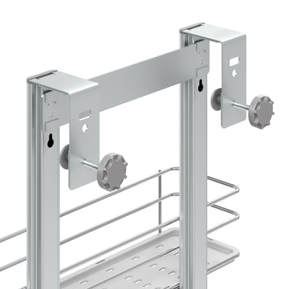Close-up of the Artika Camden Shower Caddy's metal frame with two adjustable knobs and brackets for mounting, featuring a bottom wire shelf. Set against a plain white background.