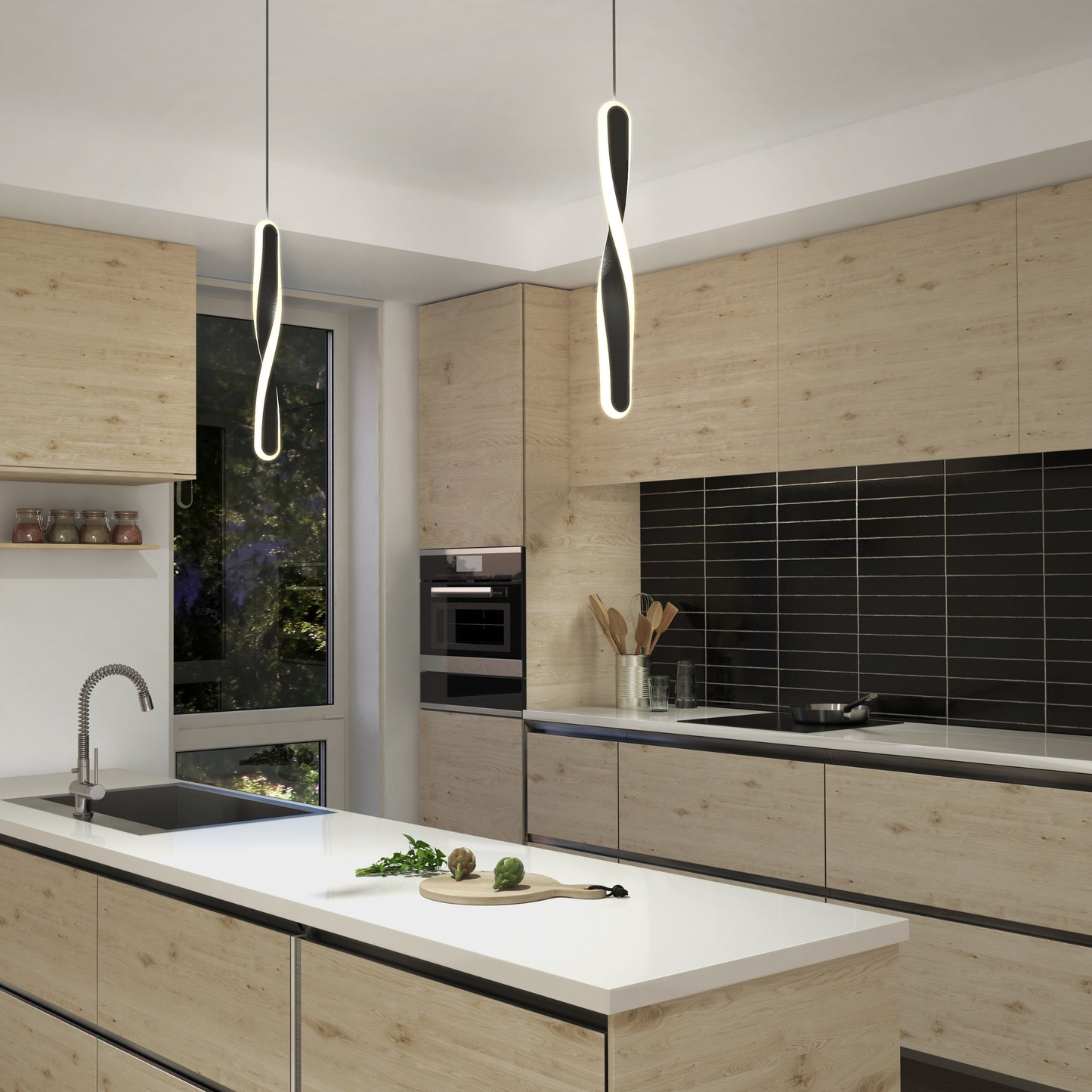 Modern kitchen with light wood cabinets, black tile backsplash, white countertops, and two Artika Finley modern LED pendant lights. A window brings in natural light. A cutting board with vegetables sits on the island countertop.