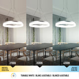 Three side-by-side images of a modern dining area with a circular pendant light, each showing different light temperatures: warm white (2700K), neutral white (3500K), and cool white (4500K), labeled at the bottom.