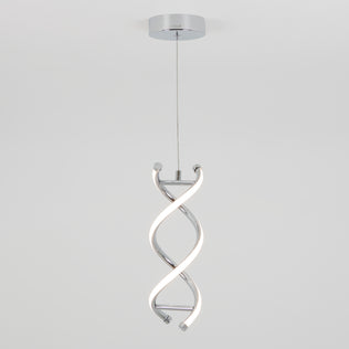 The Artika DNA LED pendant light features a modern twisted double-helix design in chrome and white, with integrated LEDs, suspended from a round ceiling mount by a single cable against a plain white background.