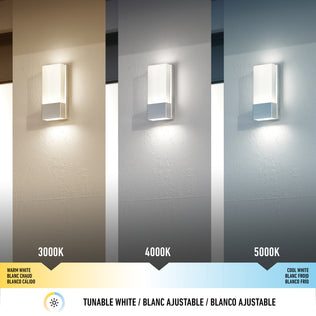 The Artika Dixon indoor-outdoor LED wall light is shown mounted on a wall, emitting warm white (3000K), neutral white (4000K), and cool white (5000K) light, each casting a unique hue.