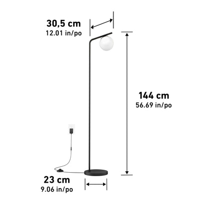 The Artika Clayton dimmable LED modern mid-century floor lamp features a black finish with a round white shade, plugs into a wall outlet, and measures 144 cm (56.69 in) high, 23 cm (9.06 in) wide, with a lamp head extension of 30.5 cm (12.01 in).