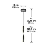 A modern black pendant light with a twisted design hangs from a round ceiling mount. The mount is 13 cm (5.12 in) wide; the height adjusts from 43.18 cm (17 in) to 225.5 cm (88.77 in).