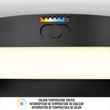 A close-up of a color temperature switch panel displaying five temperature options, with a glowing horizontal light below. Text below reads Colour Temperature Switch in English, French, and Spanish.
