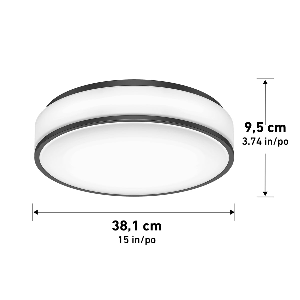 The Artika Giada 15 in. LED modern flush mount light 5 CCT features a round design with a white diffuser and dark rim, measuring 38.1 cm (15 in.) in diameter and 9.5 cm (3.74 in.) high, with black arrows showing dimensions.