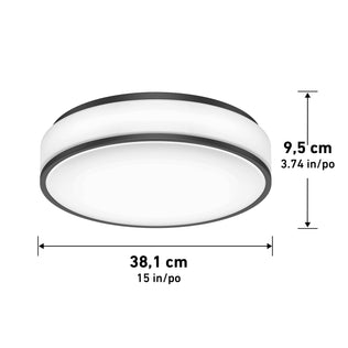 The Artika Giada 15 in. LED modern flush mount light 5 CCT features a round design with a white diffuser and dark rim, measuring 38.1 cm (15 in.) in diameter and 9.5 cm (3.74 in.) high, with black arrows showing dimensions.