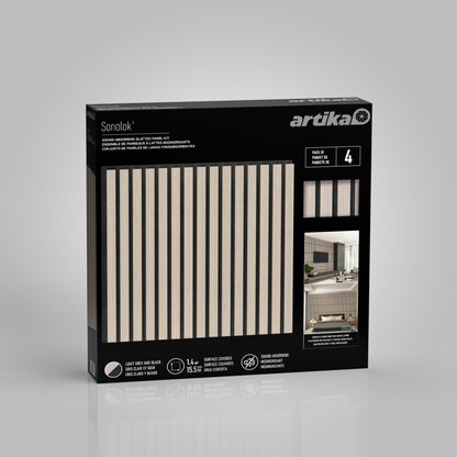 The Artika Sonolok 15.5 ft sound-absorbing wall panel kit (4-pack) comes in a black box featuring light gray and black slatted panels, product images, and features—ideal for wall accents and room decoration.